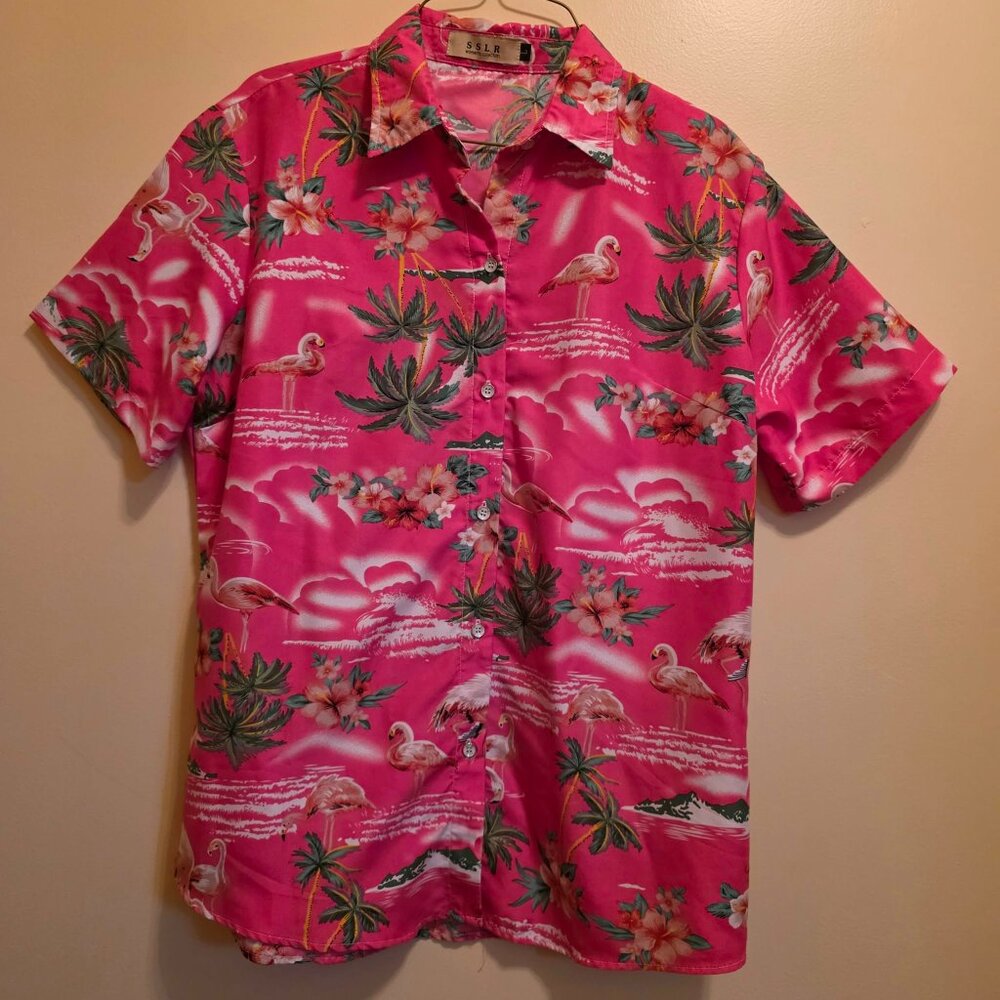 SSLR Women's Collection Flamingo Button Front Short Sleeve Shirt L